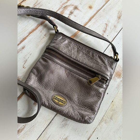 FOSSIL vintage 90s crossbody explorer bag leather purse metallic gun metal gray - Picture 1 of 16